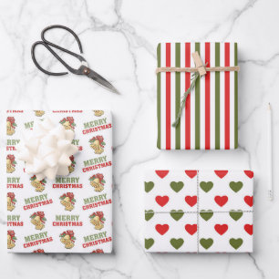 Retro Red Green Stripes, Hearts & Merry Christmas Wrapping Paper Sheet