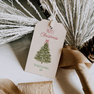 Retro Red Green Watercolor Christmas Bow Tree  Gift Tags