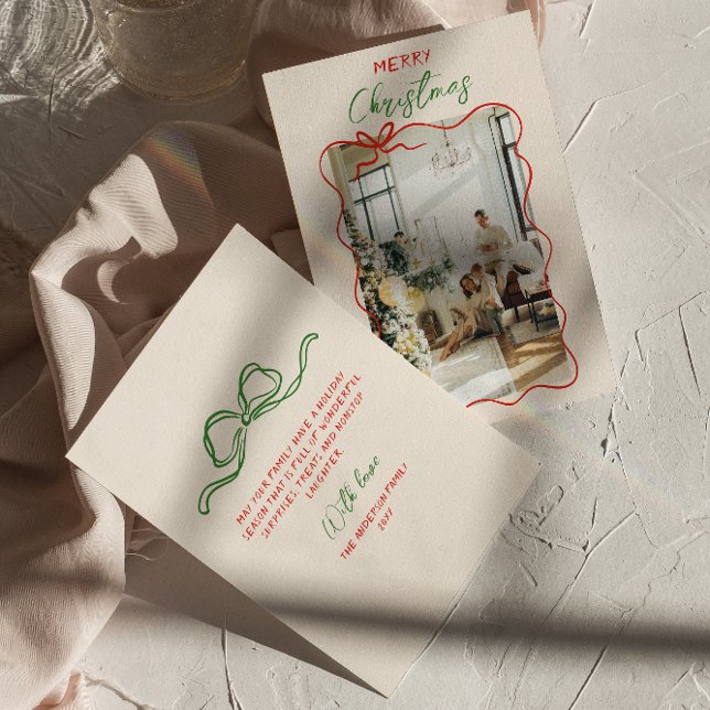 Retro Red Hand Drawn Bow Frame Photo Christmas Holiday Card (Creator Uploaded)