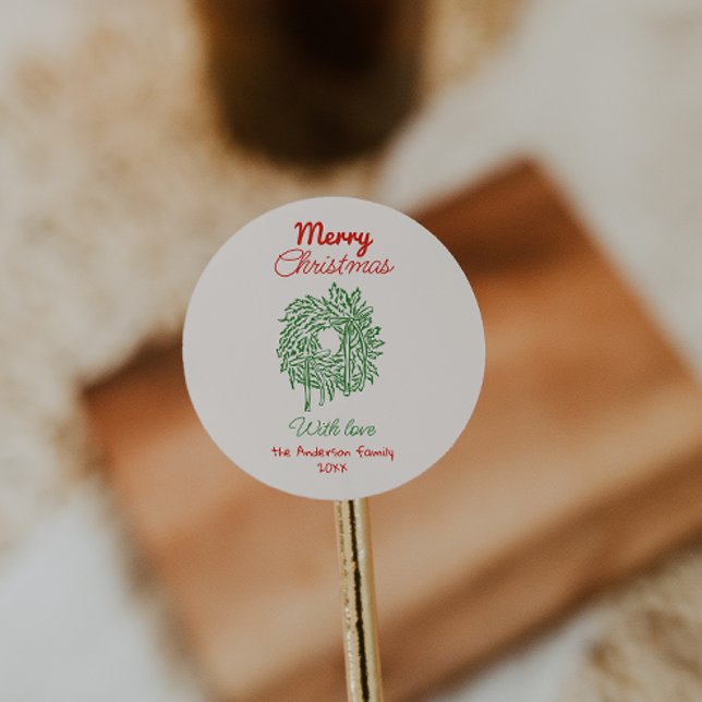 Retro Red Hand Drawn Bows Wreath Merry Christmas Classic Round Sticker (Creator Uploaded)