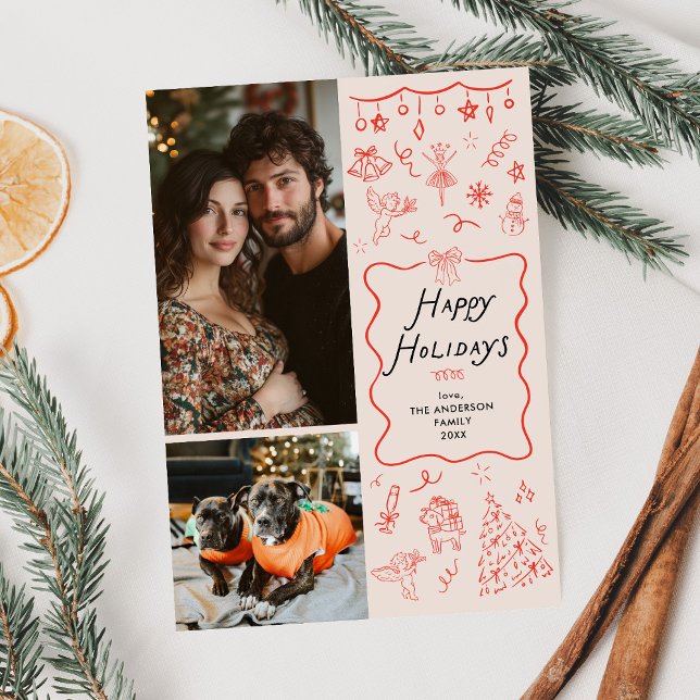 Retro Red Hand Drawn Icons Happy Holidays 2 Photo Holiday Card (Creator Uploaded)