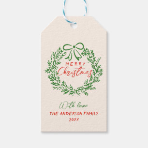 Retro Red Hand Drawn Ribbon Wreath Merry Christmas Gift Tags