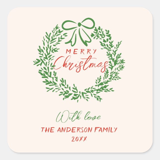 Retro Red Hand Drawn Ribbon Wreath Merry Christmas Square Sticker (Front)