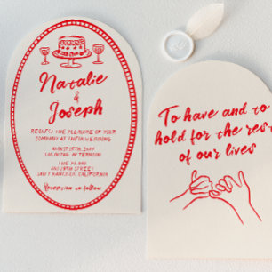 Retro Red Hand Drawn Unique Quirky Wedding Invitation