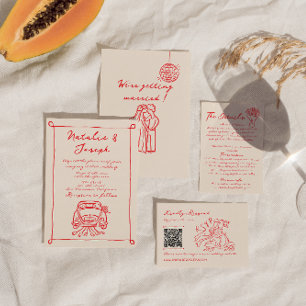 Retro Red Hand Drawn Written Cute Quirky Wedding Invitation