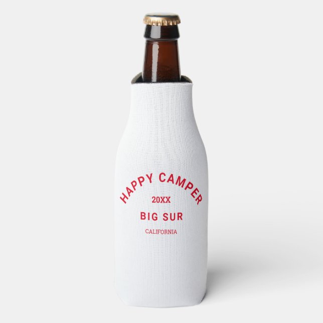 Retro Red Happy Campers Crest Camp Crew Bottle Cooler (Bottle Front)