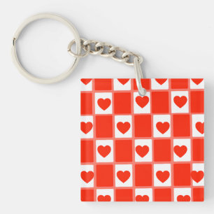 Retro Red Heart Checkerboard Pattern: Balloon Key Ring