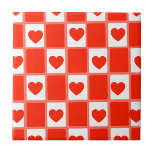 Retro Red Heart Checkerboard Pattern Tile
