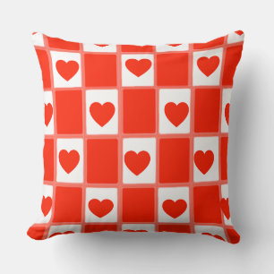 Retro Red Heart Chequerboard Pattern Throw Pillow