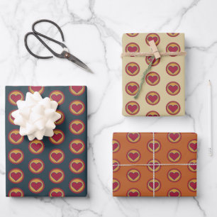 Retro Red Heart Yellow Orange Green Wrapping Paper Sheet