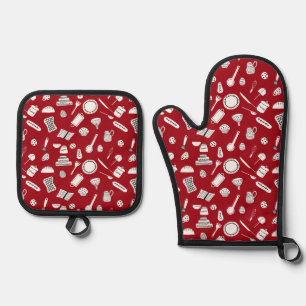 Retro Red Kitchen Oven Mitt & Pot Holder Set