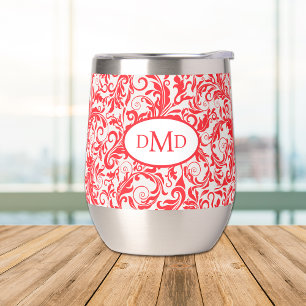 Retro Red Leaf Swirl Pattern Monogram
