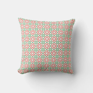 Retro Red Mint Green Floral Geometric Pattern Cushion