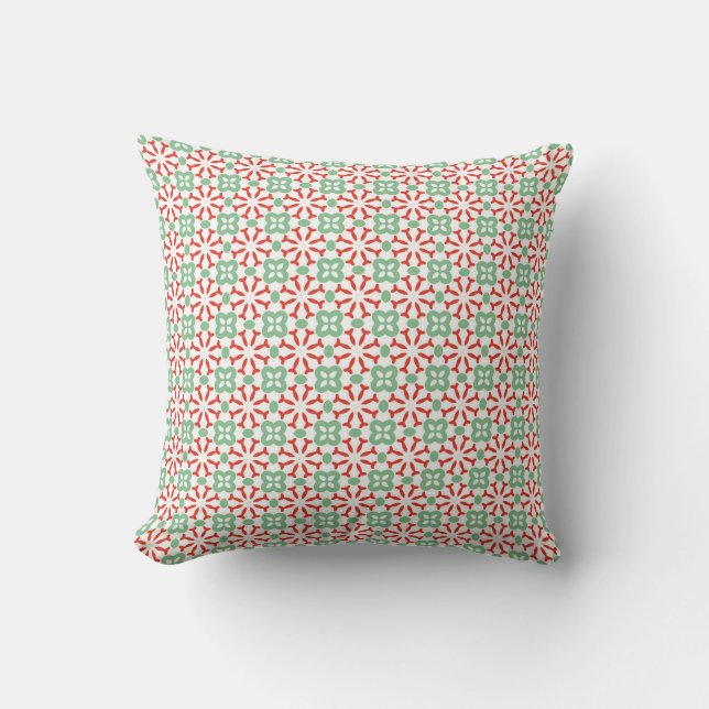 Retro Red Mint Green Floral Geometric Pattern Cushion (Front)