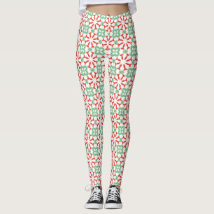 Retro Red Mint Green Floral Geometric Pattern Leggings