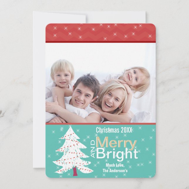 Retro Red Mint Pine Tree Merry Bright Photo Card (Front)