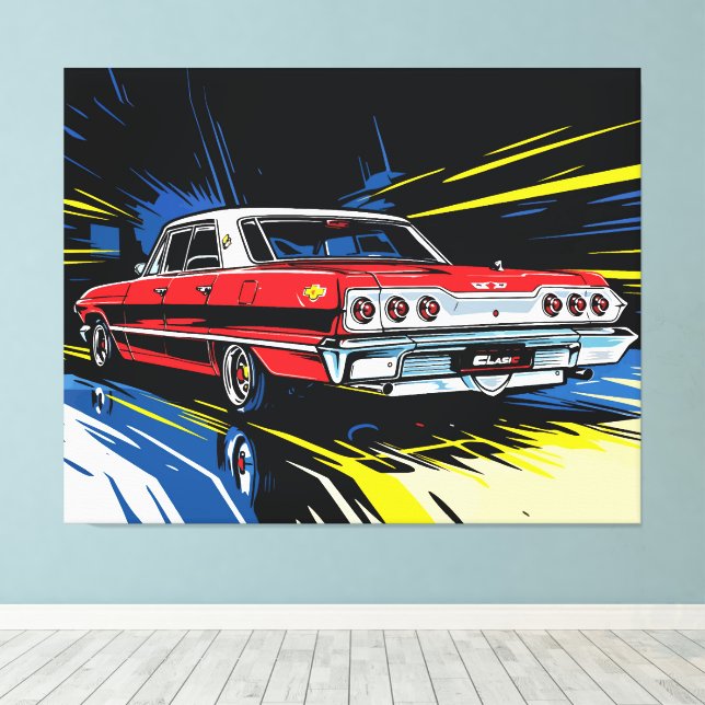 Retro Red Muscle Car Side Pop Art Illustration Canvas Print (Insitu(Wood Floor))
