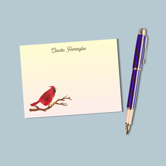 Retro Red Northern Cardinal Chic Hand-Illustrated Card (On this cardinal note card, my original art of the beloved red bird appears against a soft gradient.)
