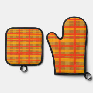 Retro Red Orange Check Plaid Pattern Oven Mitt & Pot Holder Set