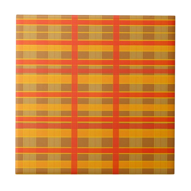Retro Red Orange Check Plaid Pattern Tile (Front)