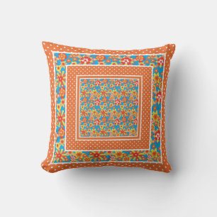 Retro Red, Orange, Yellow Floral on Blue, Polkas Cushion