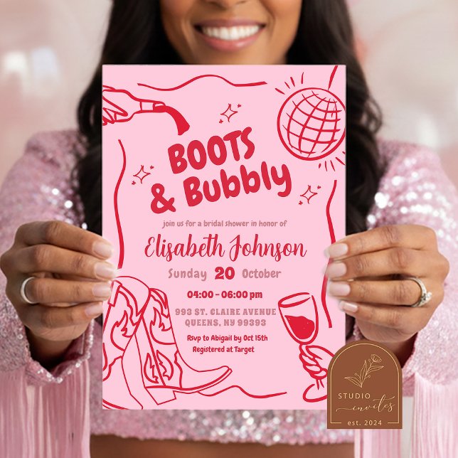 Retro Red pink Boots and Bubbly Bridal Shower Invitation (Creator Uploaded)