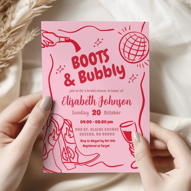 Retro Red pink Boots and Bubbly Bridal Shower Invitation (Creator Uploaded)