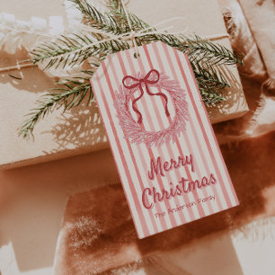 Retro Red Pink Drawn Bow Wreath Christmas Gift Tags