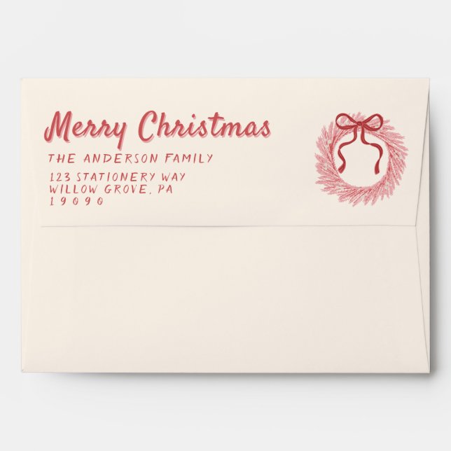 Retro Red Pink Drawn Bow Wreath Merry Christmas  Envelope (Back (Top Flap))
