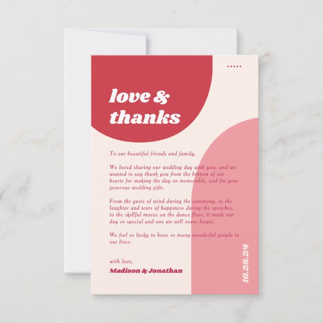 Retro Red Pink Geometric | Love & Thanks Wedding Thank You Card (Front)