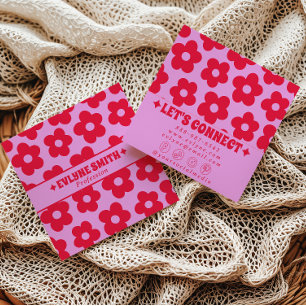 Retro Red Pink Groovy Floral Boho Girly Trendy Fun Square Business Card