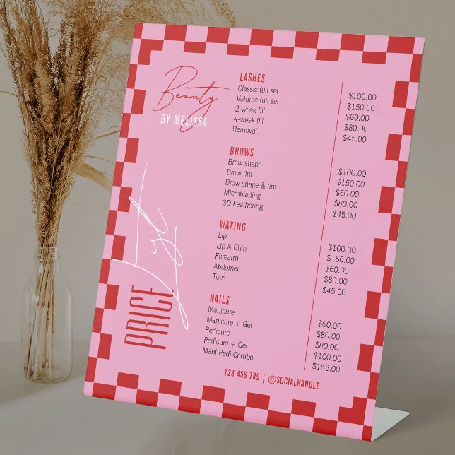 Retro Red & Pink Groovy Hair Lash Salon Price List Pedestal Sign (Creator Uploaded)