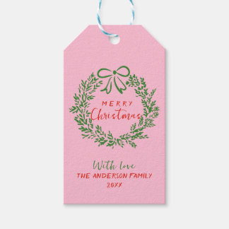 Retro Red Pink Hand Drawn Ribbon Wreath Christmas Gift Tags