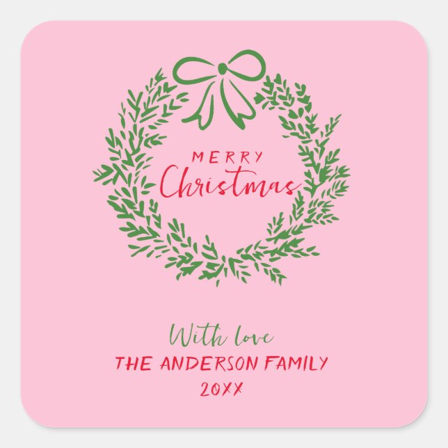 Retro Red Pink Hand Drawn Ribbon Wreath Christmas Square Sticker (Front)