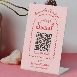 Retro Red Pink Handwritten Girly Social QR Code Pedestal Sign