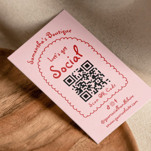 Retro Red Pink Handwritten Girly Whimsical QR Code Business Card