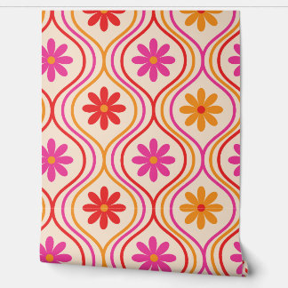Retro Red Pink Orange Flowers on Ogee custom  Wallpaper