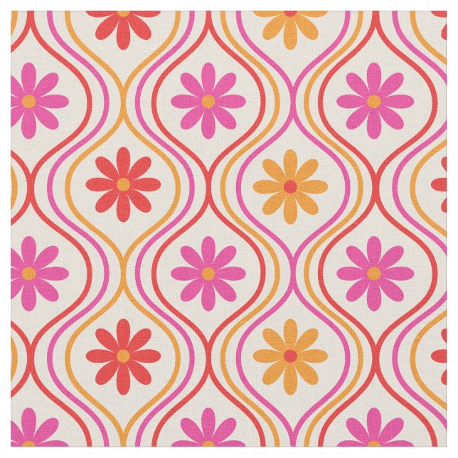 Retro Red Pink Orange Flowers on Ogee Pattern Fabric (Close Up)