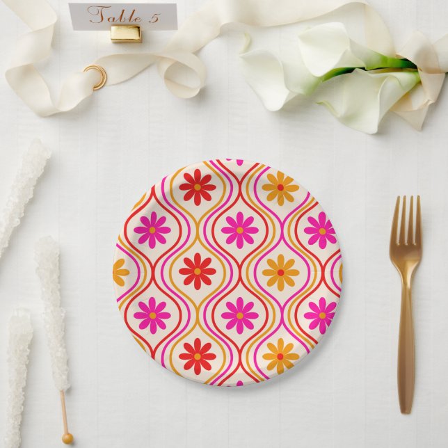 Retro Red Pink Orange Flowers on Ogee Pattern  Paper Plate (Wedding)