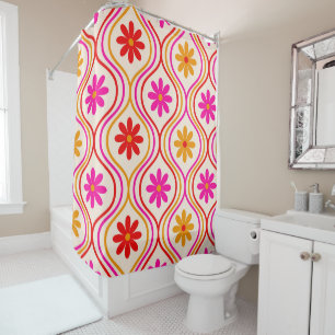 Retro Red Pink Orange Flowers on Ogee Pattern  Shower Curtain