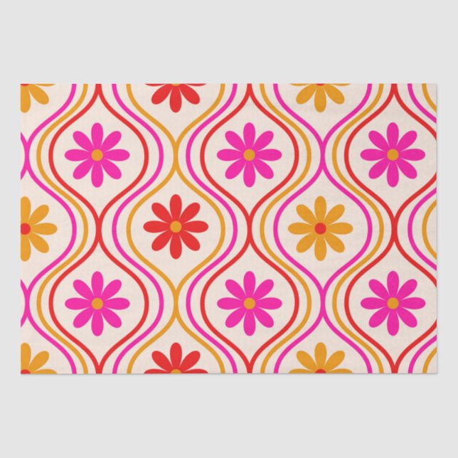 Retro Red Pink Orange Flowers on Ogee Pattern  Tissue Paper (Front)