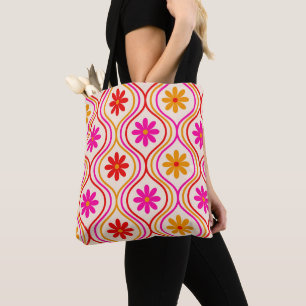 Retro Red Pink Orange Flowers on Ogee Pattern Tote Bag
