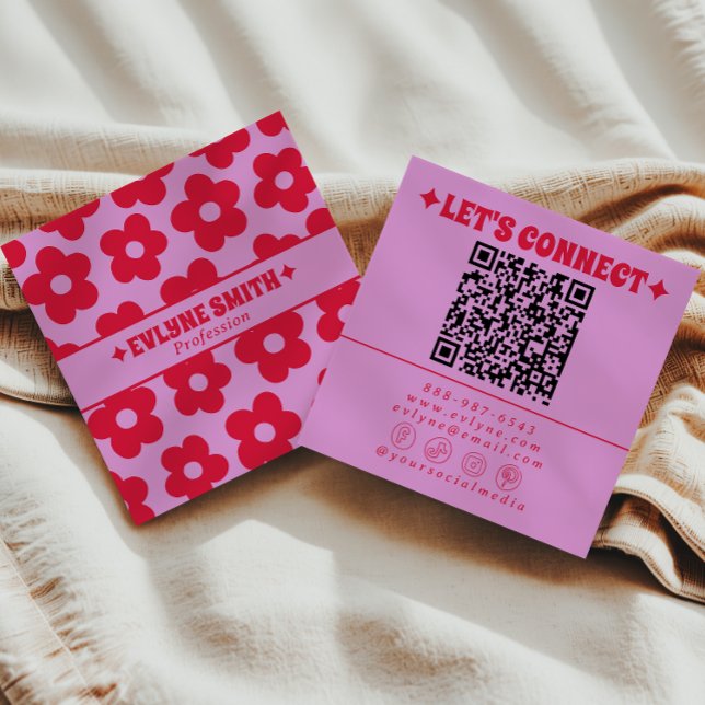 Retro Red Pink QR Code Groovy Floral Girly Trendy  Square Business Card (Creator Uploaded)