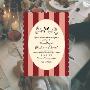 Retro Red Pink Striped Dove Wedding Invitation