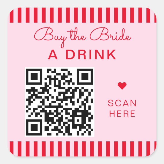 Retro Red & Pink Stripes Bachelorette QR Code Square Sticker (Front)