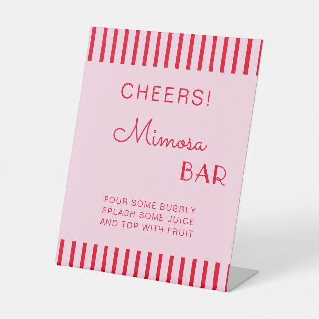 Retro Red & Pink Stripes Mimosa Bar Bachelorette Pedestal Sign (Front)