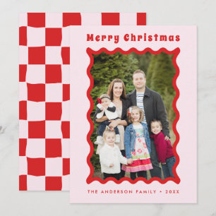 Retro Red Pink Wavy Frame Photo Merry Christmas  Holiday Card