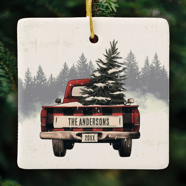 Retro Red Plaid Christmas Truck Custom Family Name Ceramic Ornament (Creator Uploaded)
