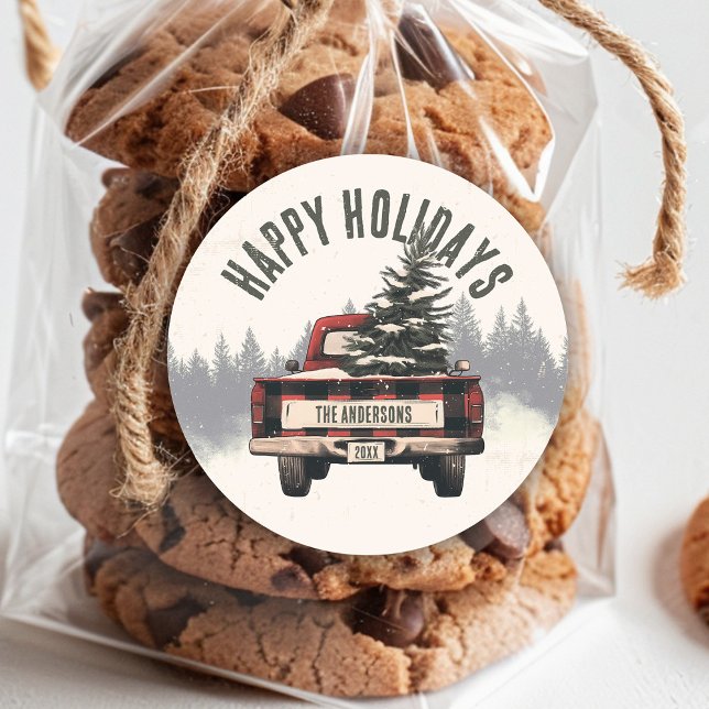 Retro Red Plaid Christmas Truck Custom Family Name Classic Round Sticker (Make your presents extra special with our retro red plaid Christmas truck gift stickers! Featuring y)