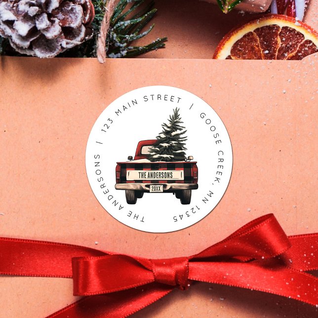 Retro Red Plaid Christmas Truck Custom Family Name Classic Round Sticker (Creator Uploaded)
